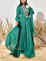 Green Embroidered Wrinkle Crepe Kurta and Skirt Set