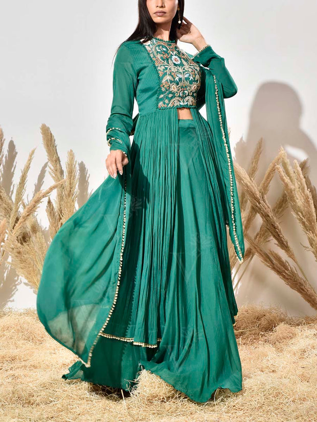 Green Embroidered Wrinkle Crepe Kurta and Skirt Set