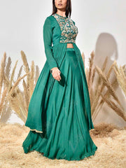 Green Embroidered Wrinkle Crepe Kurta and Skirt Set