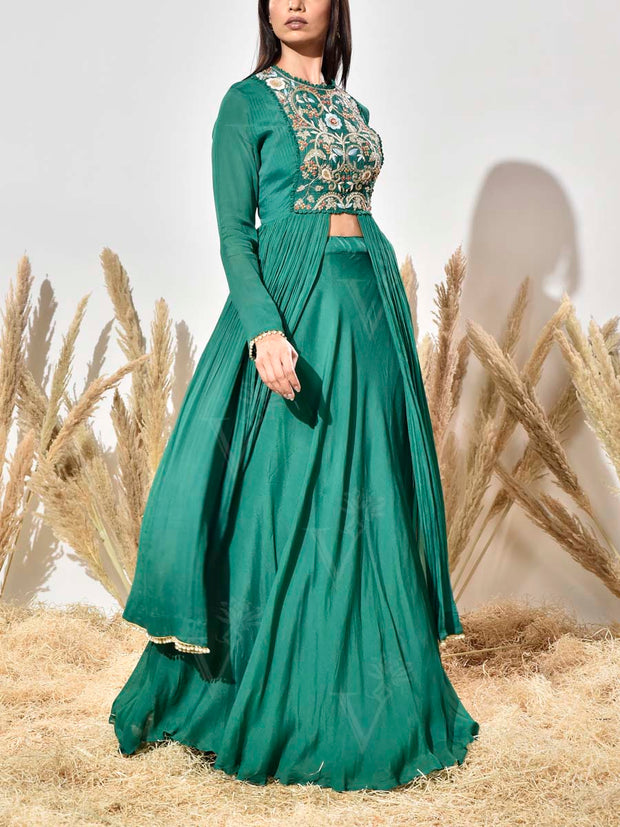 Green Embroidered Wrinkle Crepe Kurta and Skirt Set