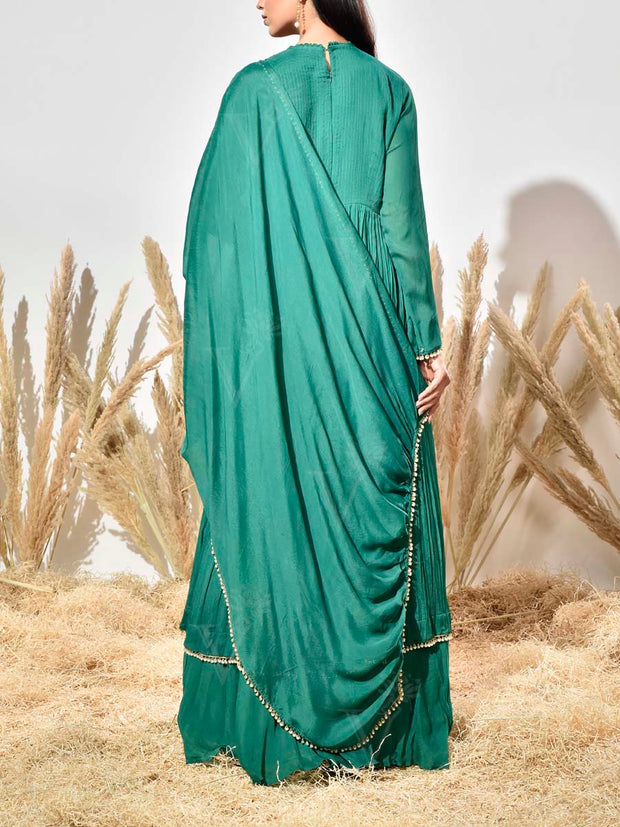 Green Embroidered Wrinkle Crepe Kurta and Skirt Set