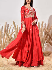 Red Embroidered Silk Kurta and Skirt Set