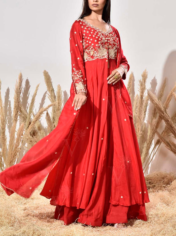 Red Embroidered Silk Kurta and Skirt Set