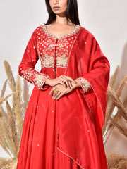 Red Embroidered Silk Kurta and Skirt Set