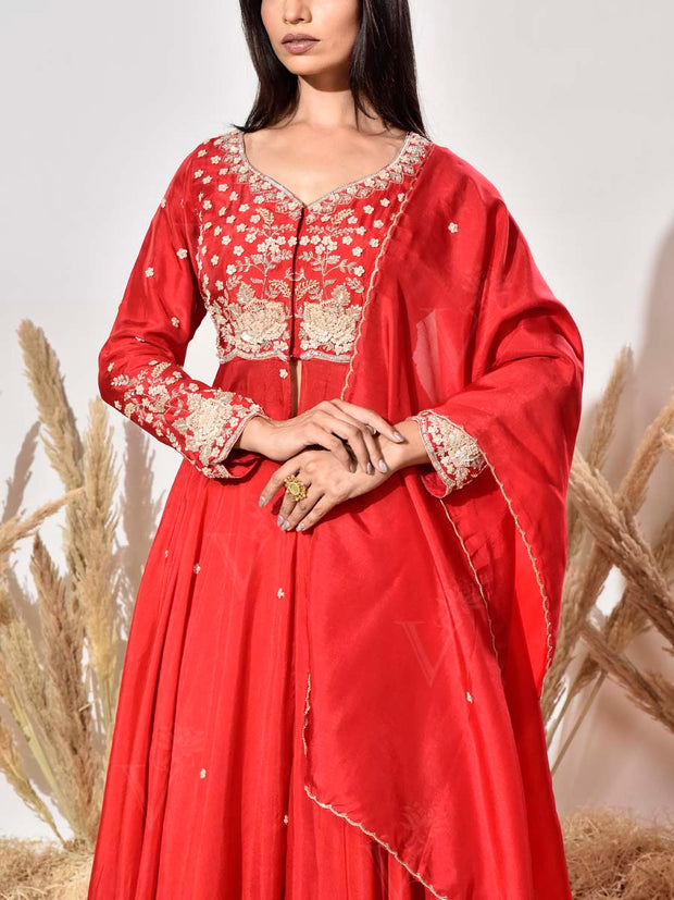 Red Embroidered Silk Kurta and Skirt Set