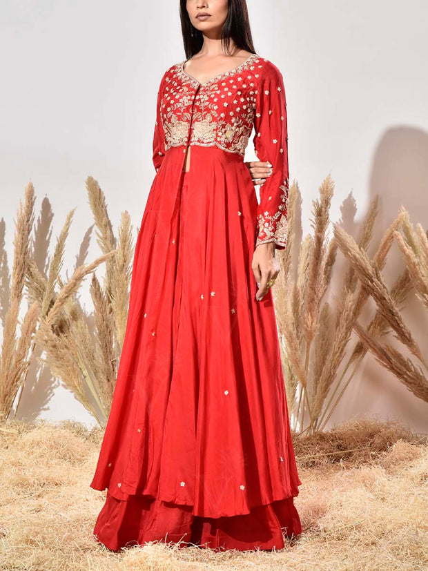 Red Embroidered Silk Kurta and Skirt Set