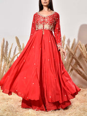 Red Embroidered Silk Kurta and Skirt Set