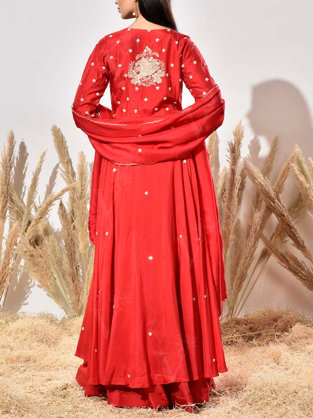 Red Embroidered Silk Kurta and Skirt Set