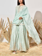 Aqua Embroidered Chanderi Kurta and Garara Set