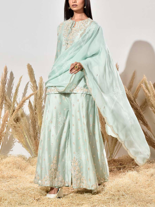 Aqua Embroidered Chanderi Kurta and Garara Set