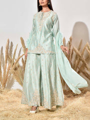 Aqua Embroidered Chanderi Kurta and Garara Set