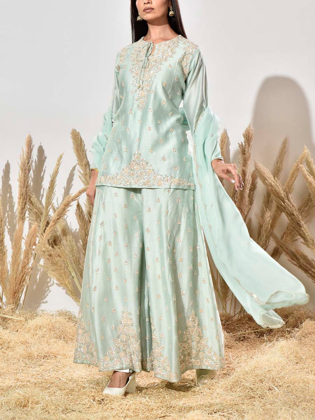 Aqua Embroidered Chanderi Kurta and Garara Set