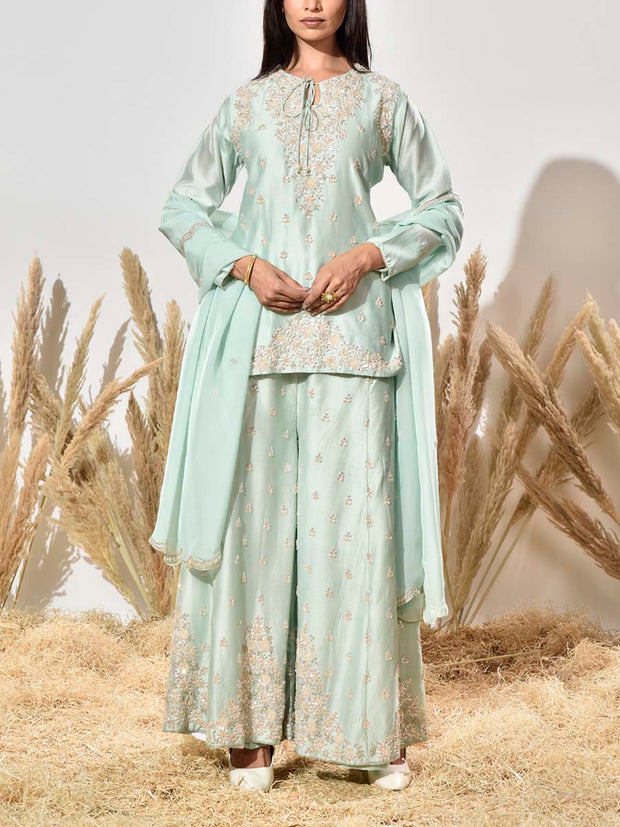 Aqua Embroidered Chanderi Kurta and Garara Set