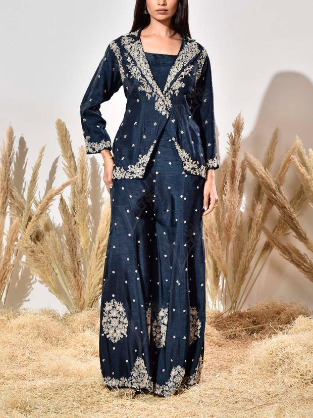 Blue Embroidered Silk Jacket and Garara Set