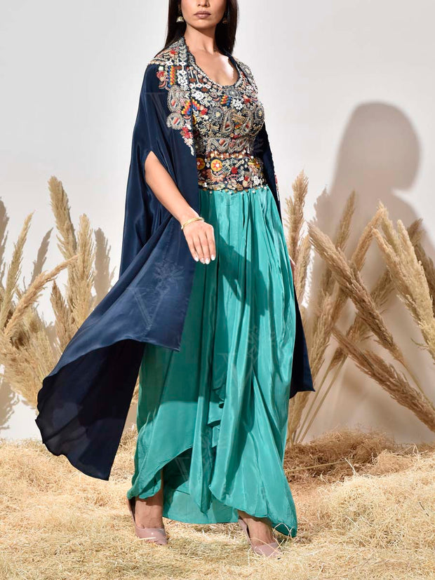 Blue and Green Embroidered Crepe Jacket and Drape skirt Set