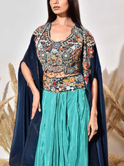 Blue and Green Embroidered Crepe Jacket and Drape skirt Set