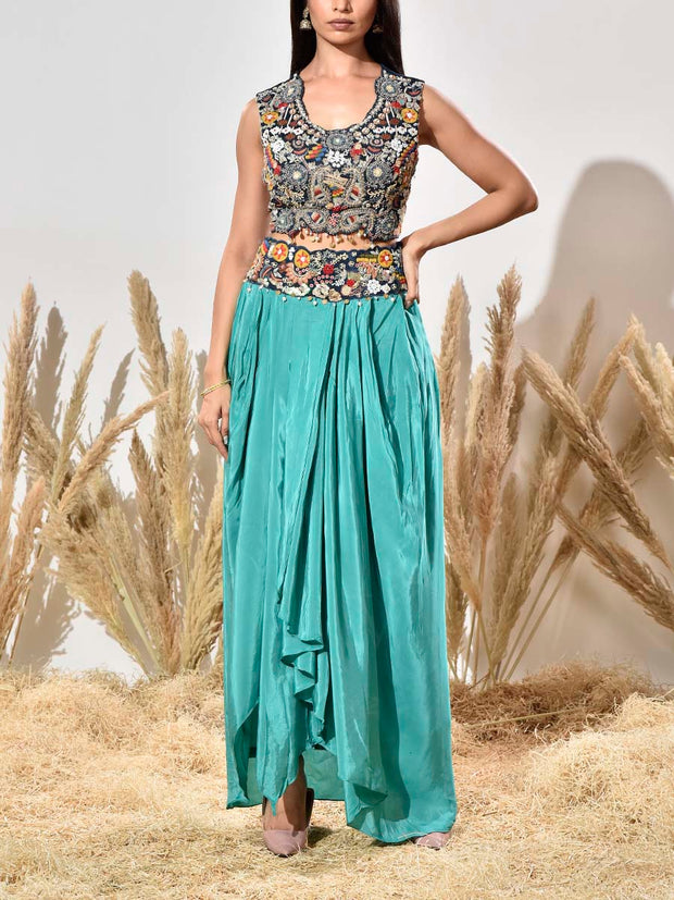 Blue and Green Embroidered Crepe Jacket and Drape skirt Set