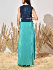 Blue and Green Embroidered Crepe Jacket and Drape skirt Set