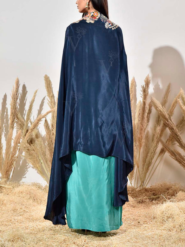Blue and Green Embroidered Crepe Jacket and Drape skirt Set