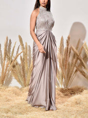 Dusty Lilac Satin Embroidered Gown