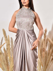Dusty Lilac Satin Embroidered Gown