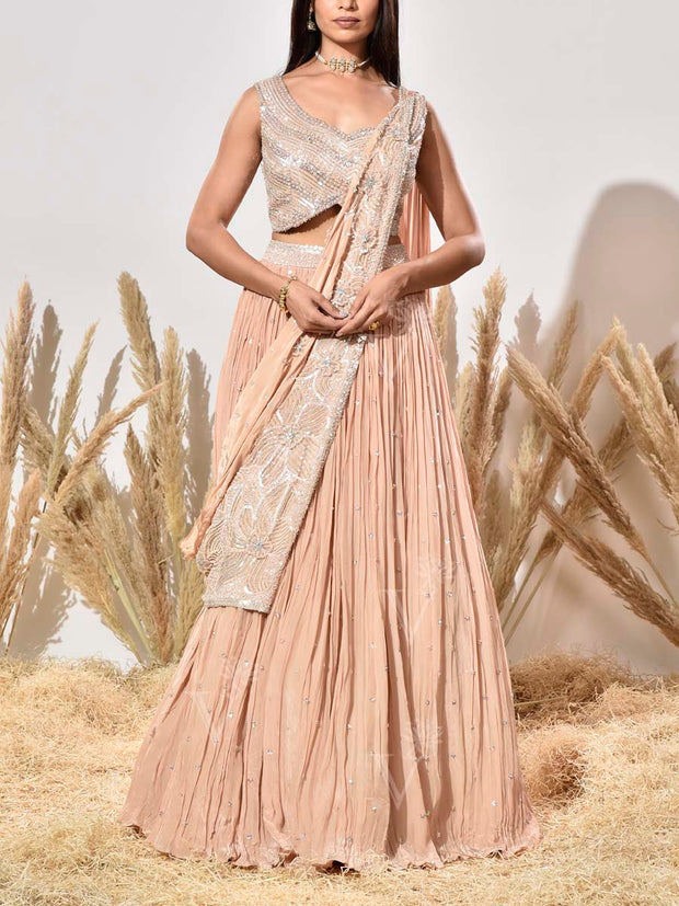 Beige Embroidered Crepe Lehenga Set
