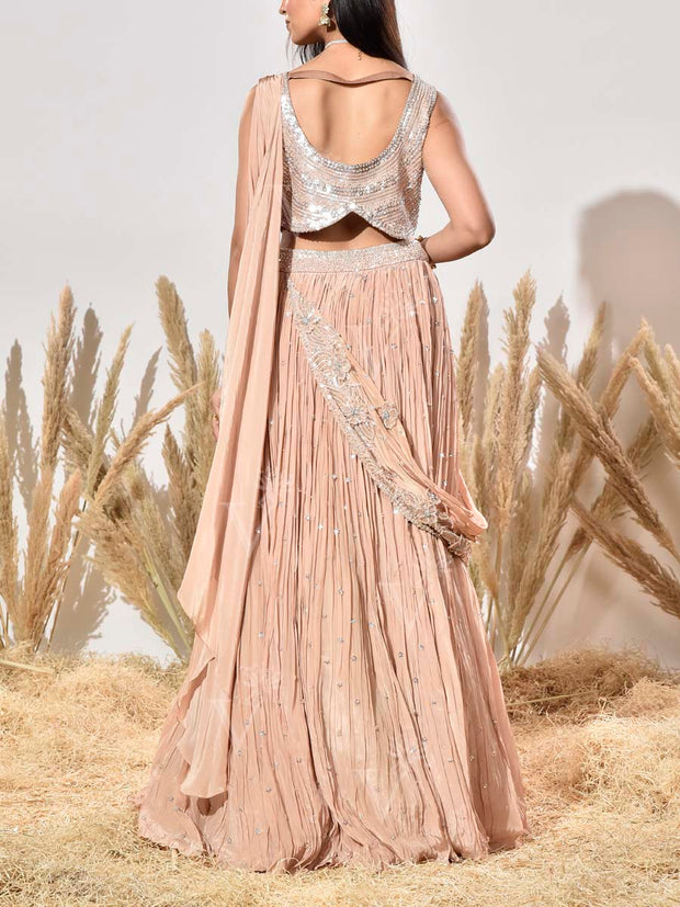 Beige Embroidered Crepe Lehenga Set