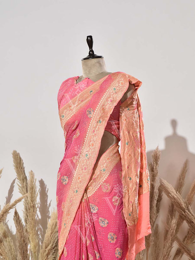 Pink Shaded Pure Georgette Bandhani Saree