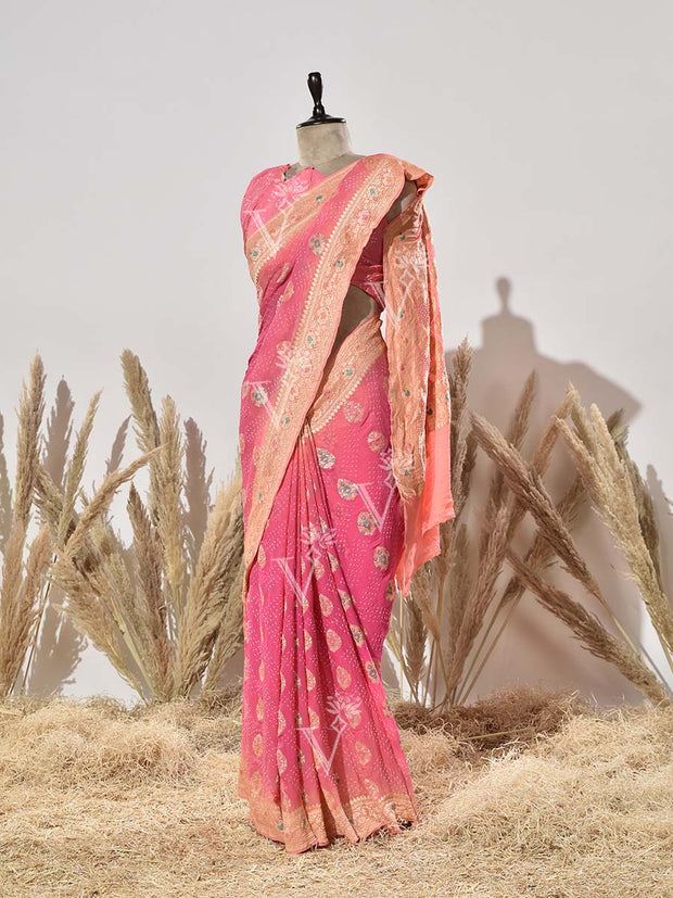 Pink Shaded Pure Georgette Bandhani Saree
