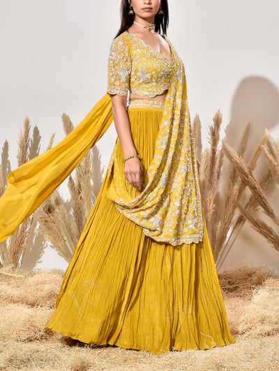Yellow Embroidered Crepe Lehenga Set