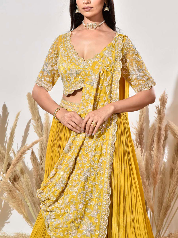 Yellow Embroidered Crepe Lehenga Set