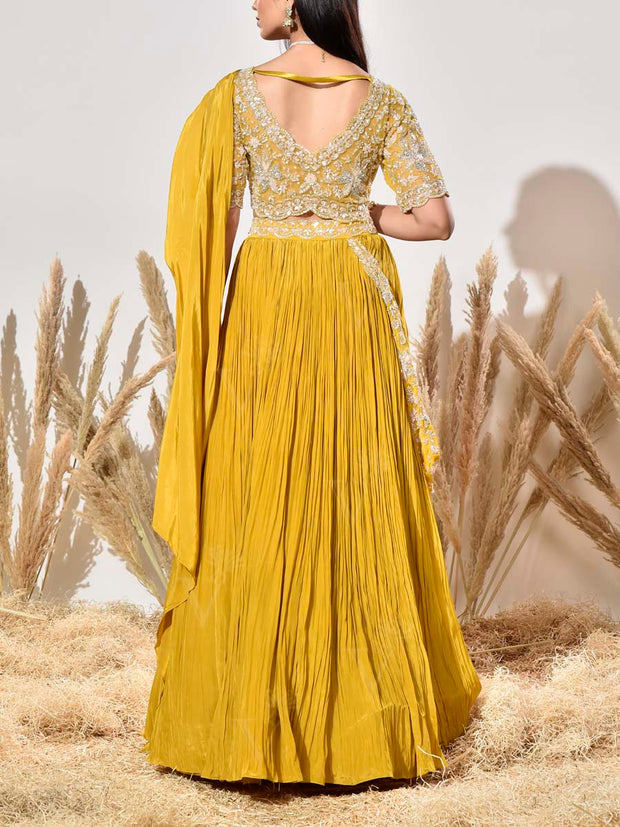 Yellow Embroidered Crepe Lehenga Set