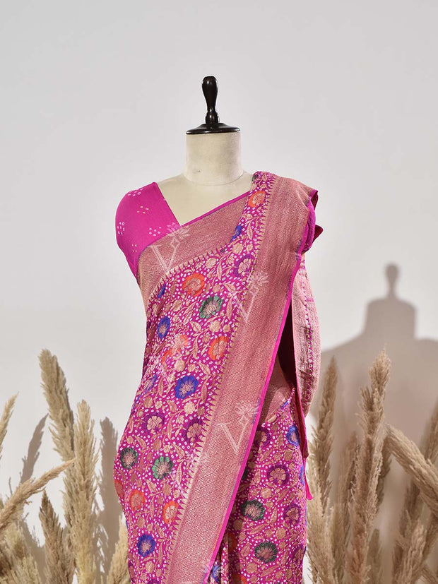 Pink Ghatchola Meenakari Bandhani Saree