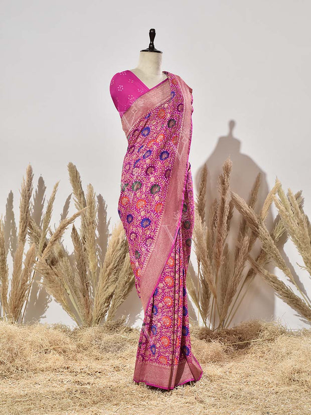 Pink Ghatchola Meenakari Bandhani Saree