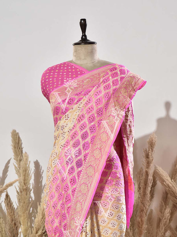 Pink and Off- White Georgette Saree