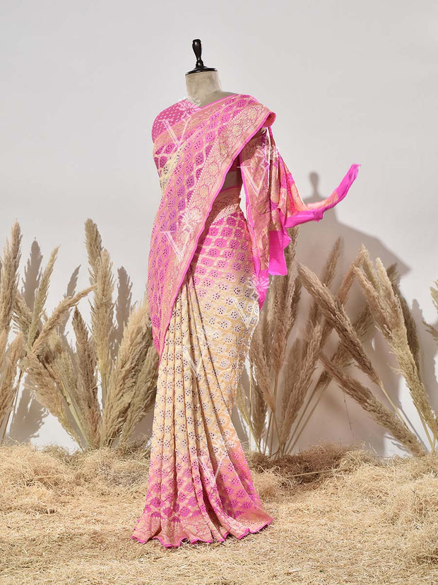 Pink and Off- White Georgette Saree