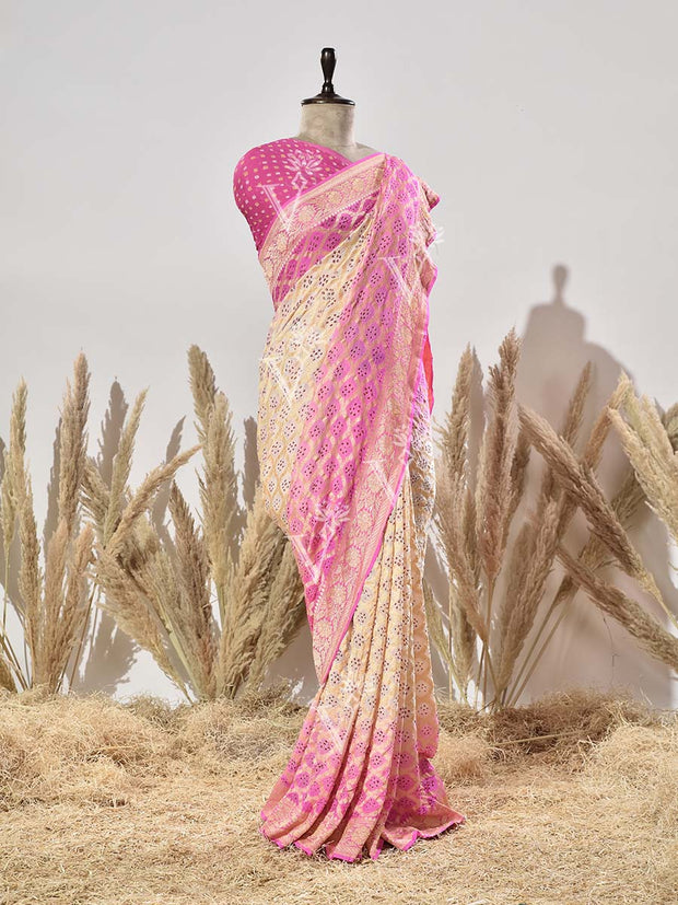 Pink and Off- White Georgette Saree