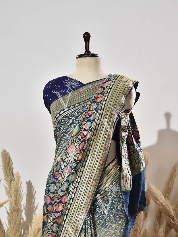 Prussian Blue Shaded Meenakari Bandhej Saree