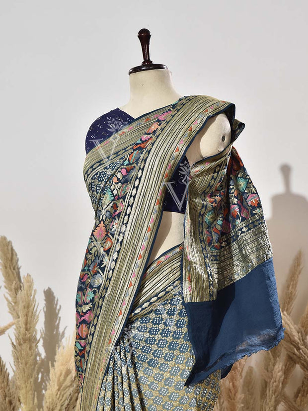 Prussian Blue Shaded Meenakari Bandhej Saree