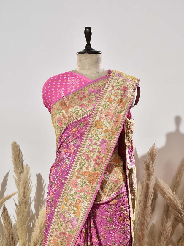 Lavender Bandhej Meenakari Pure Georgette Saree