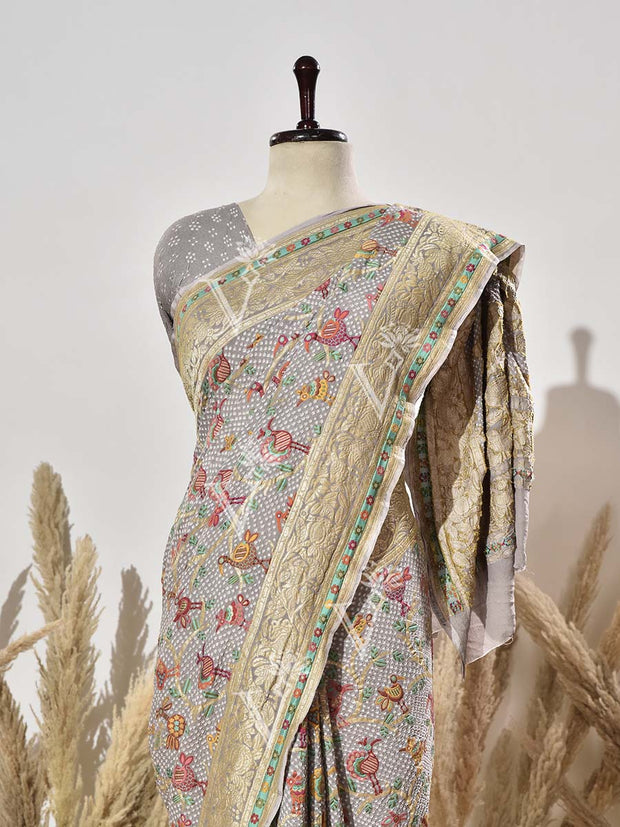 Grey Bandhani Pure Georgette Saree
