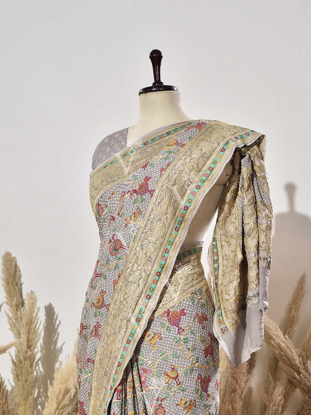 Grey Bandhani Pure Georgette Saree