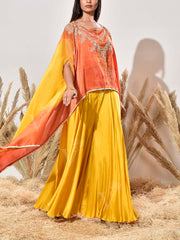 Orange and Yellow Ombre Tissue Embroidered Cape and Palazzo Set