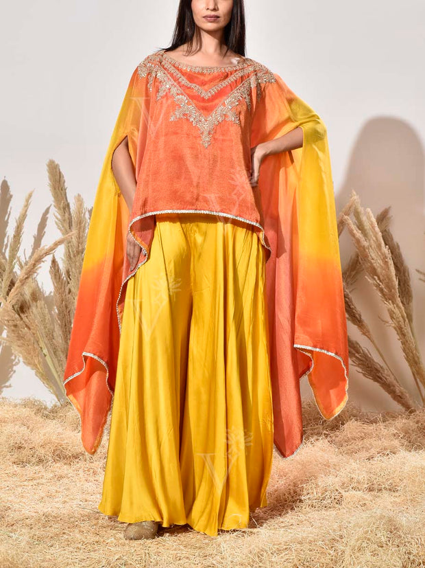 Orange and Yellow Ombre Tissue Embroidered Cape and Palazzo Set