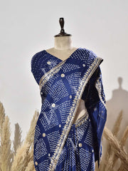 Blue Pure Satin Silk Bandhani Saree
