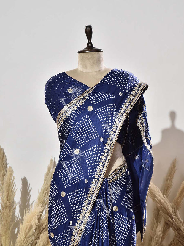 Blue Pure Satin Silk Bandhani Saree