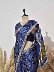 Blue Pure Satin Silk Bandhani Saree