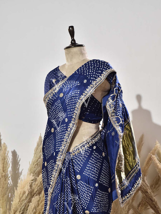 Blue Pure Satin Silk Bandhani Saree