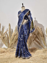 Blue Pure Satin Silk Bandhani Saree