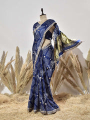 Blue Pure Satin Silk Bandhani Saree